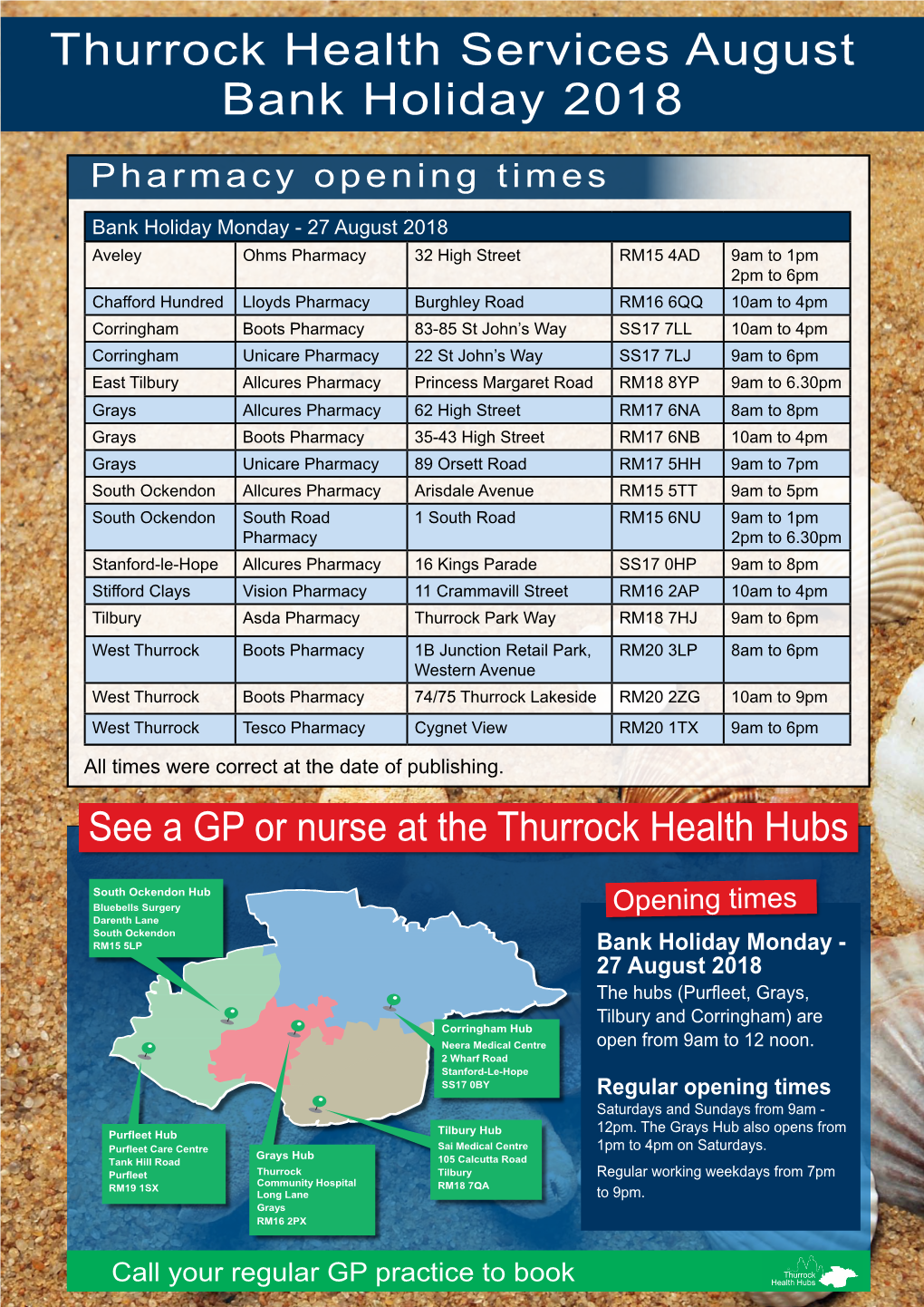 Thurrock Health Services August Bank Holiday 2018