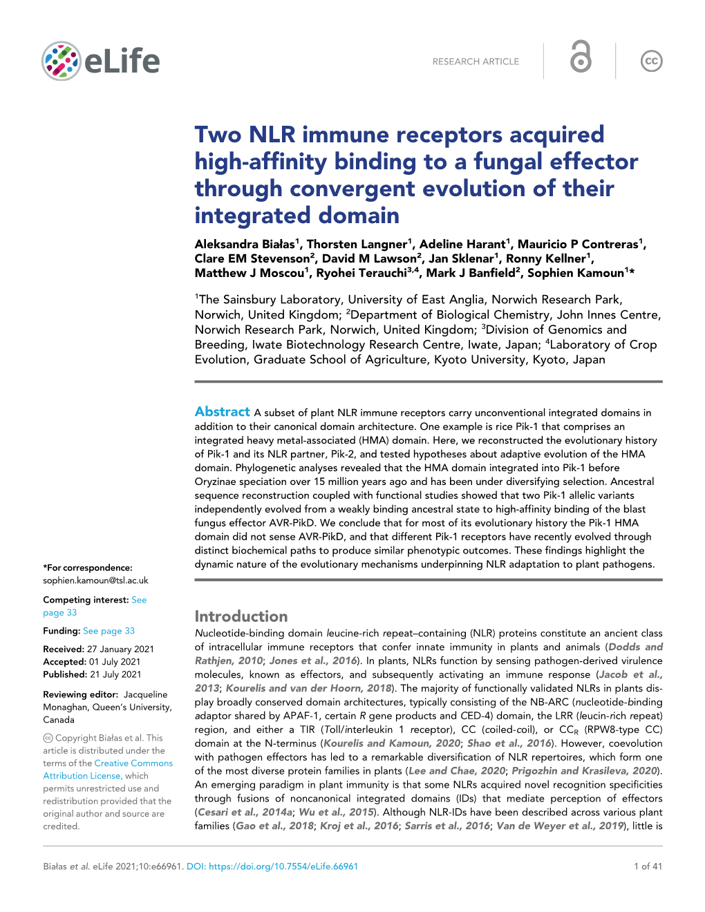 Two NLR Immune Receptors Acquired High-Affinity Binding to a Fungal