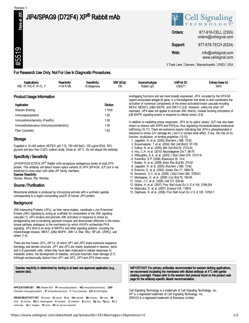 JIP4/SPAG9 (D72F4) XP Rabbit Mab A