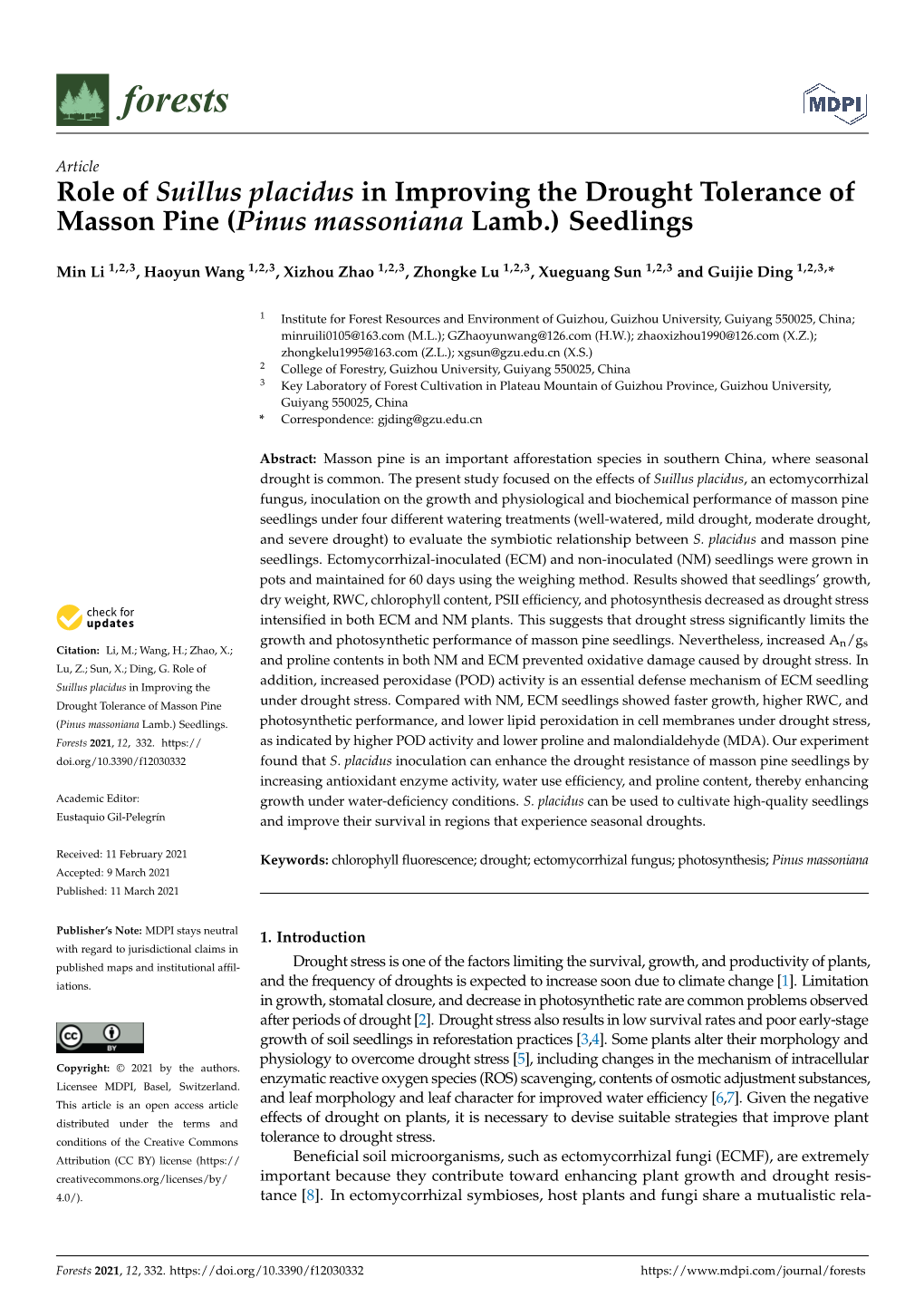 Role of Suillus Placidus in Improving the Drought Tolerance of Masson Pine (Pinus Massoniana Lamb.) Seedlings