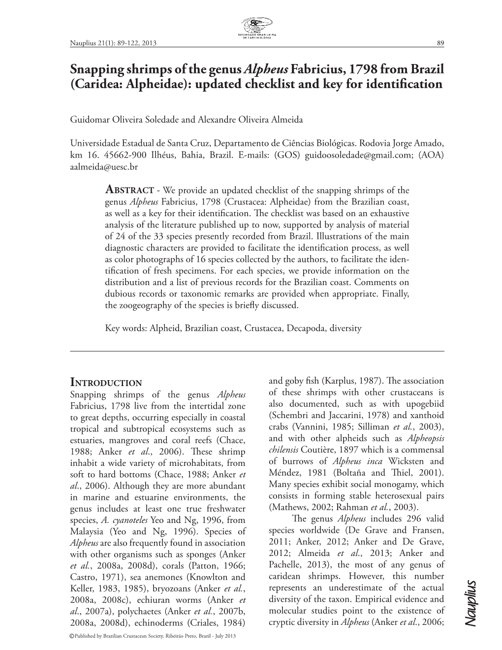 Caridea: Alpheidae): Updated Checklist and Key for Identification