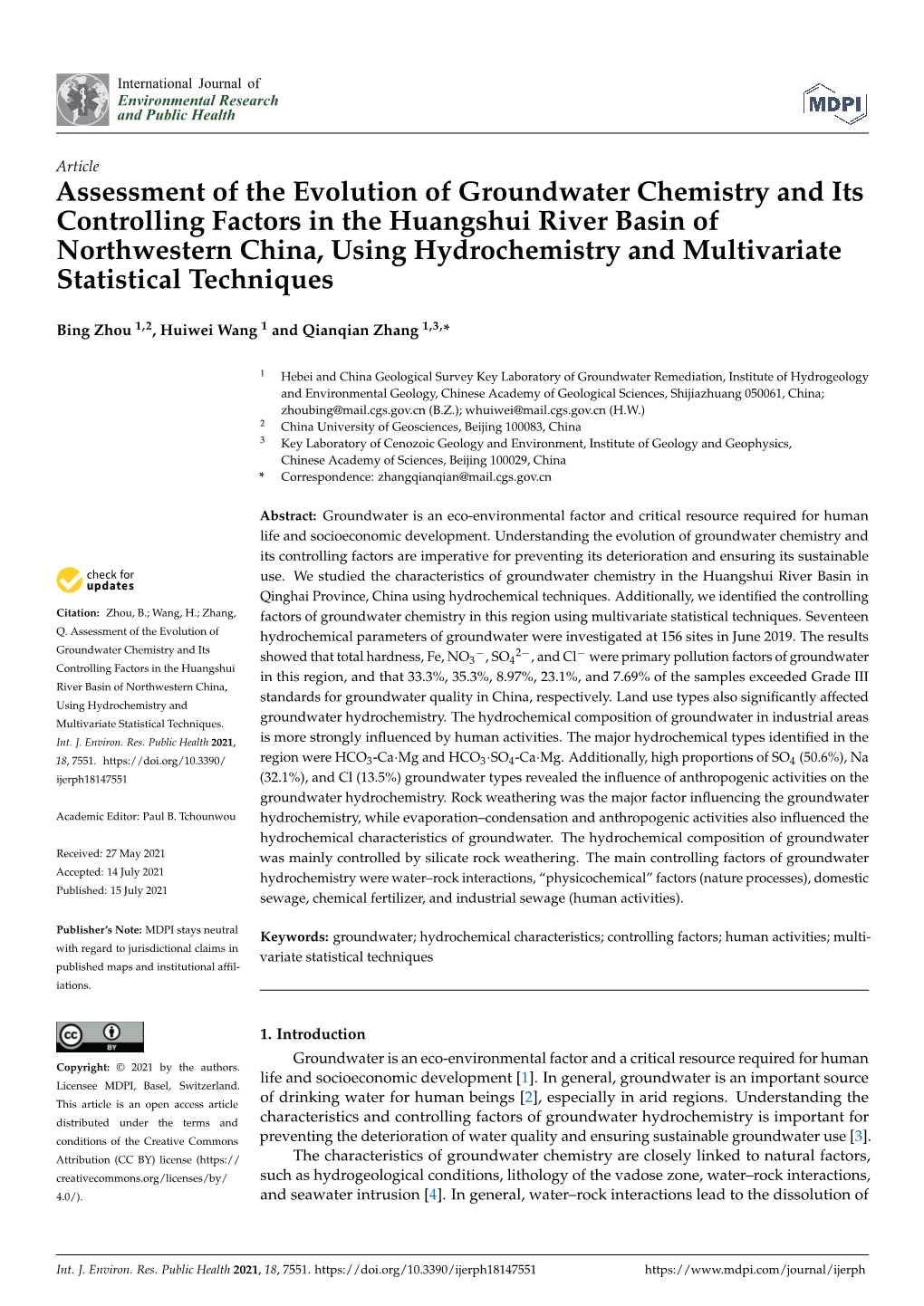 Assessment of the Evolution of Groundwater Chemistry and Its Controlling Factors in the Huangshui River Basin of Northwestern Ch