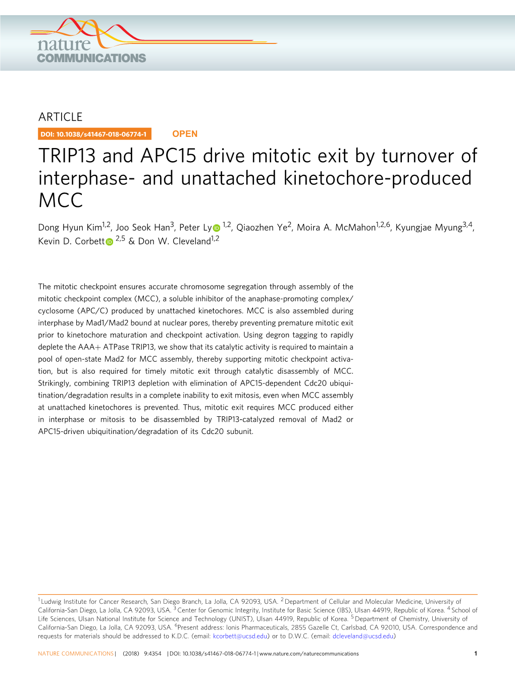 TRIP13 and APC15 Drive Mitotic Exit by Turnover of Interphase- and Unattached Kinetochore-Produced MCC