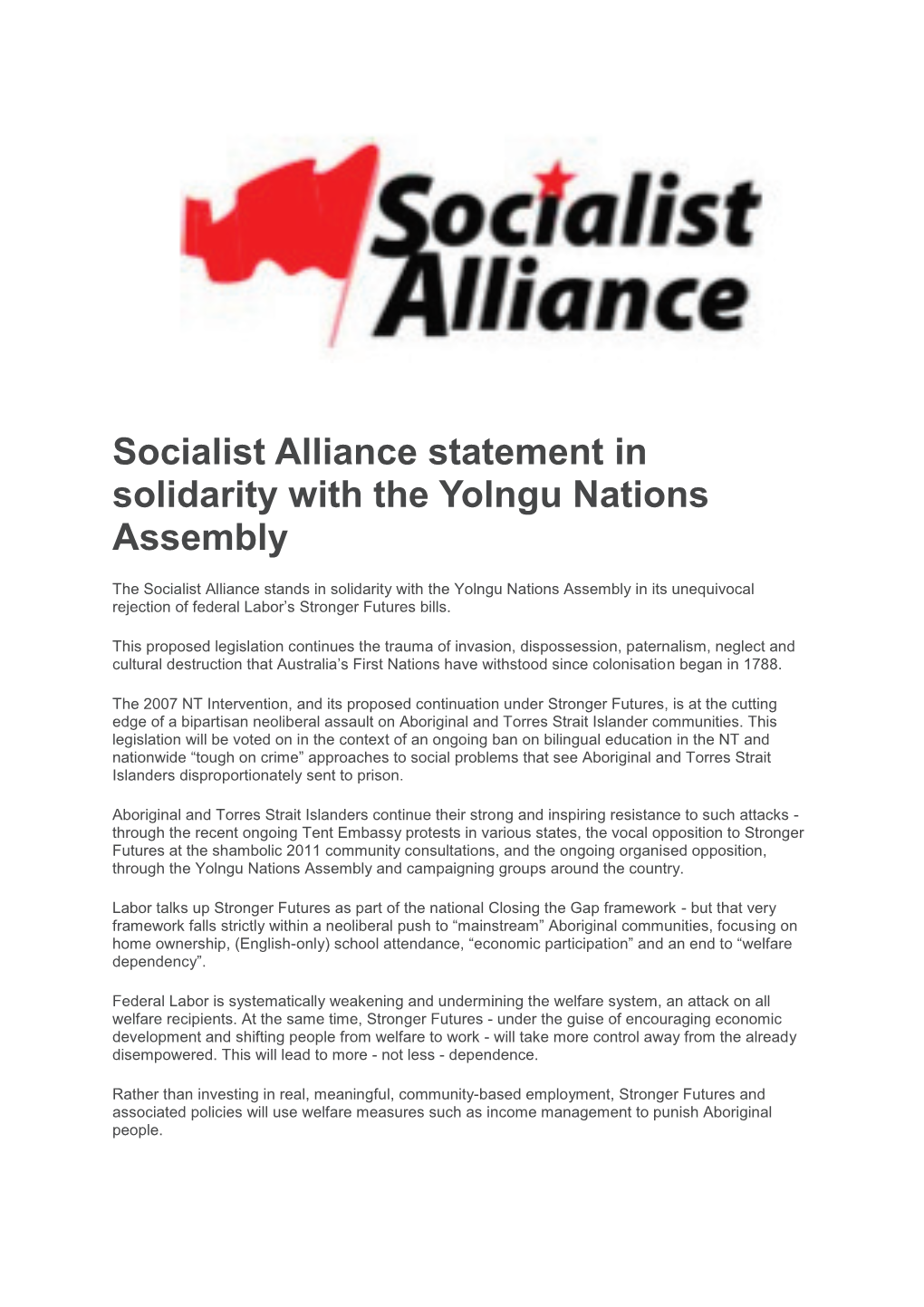 Socialist Alliance Statement in Solidarity with the Yolngu Nations Assembly