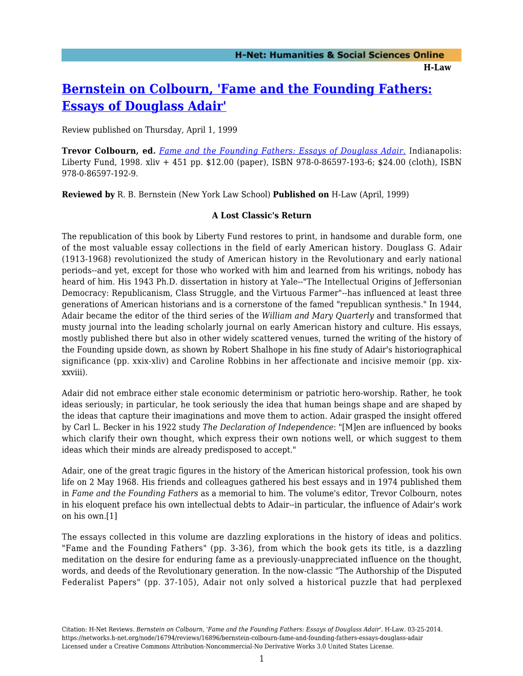 Fame and the Founding Fathers: Essays of Douglass Adair'