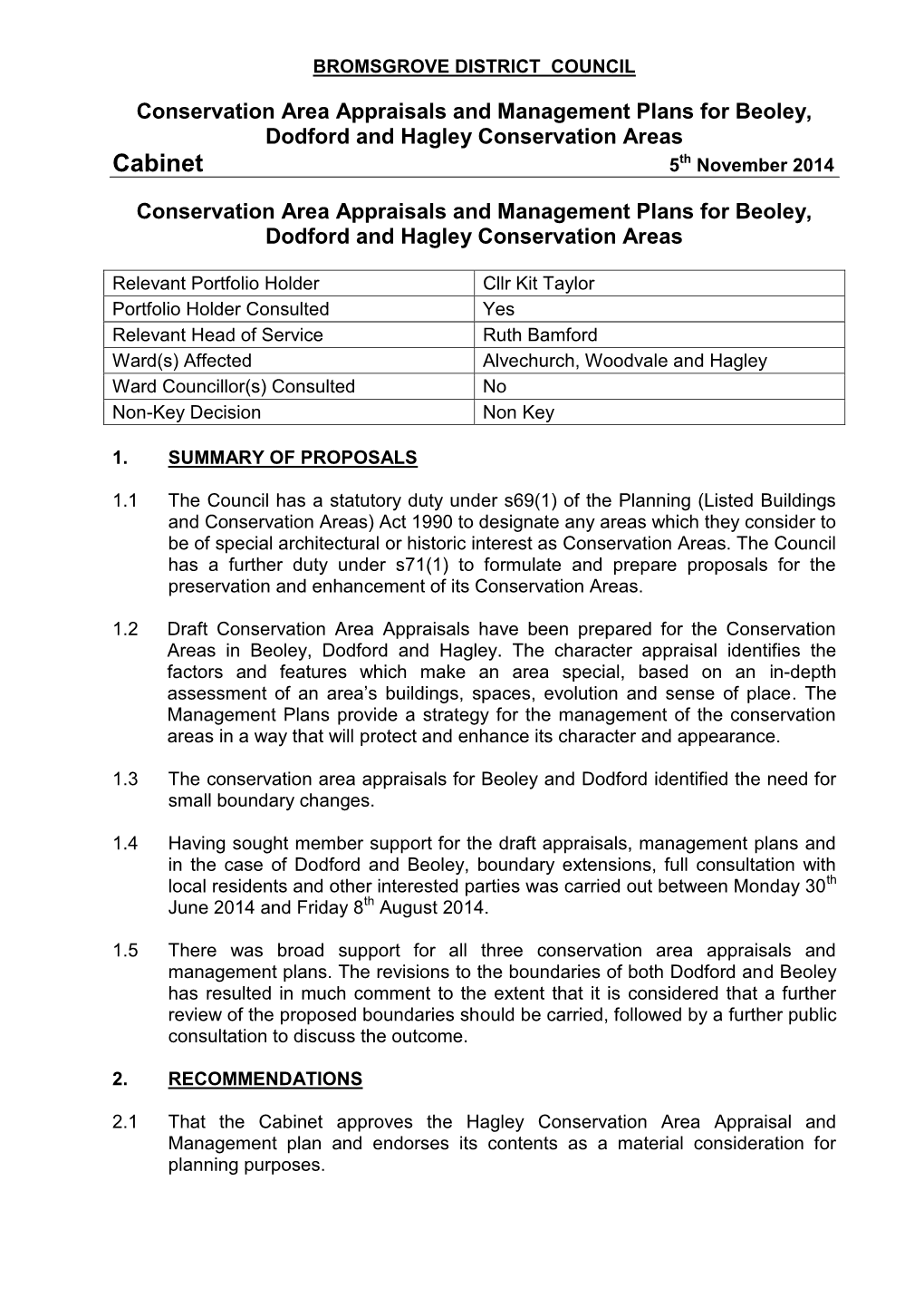 Dodford, Hagley and Beoley Conservation Area Appraisals And