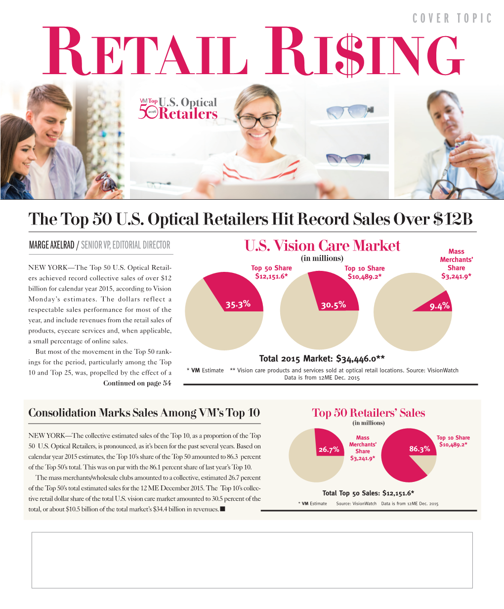 The Top 50 U.S. Optical Retailers Hit Record Sales Over $12B MARGE AXELRAD / SENIOR VP, EDITORIAL DIRECTOR U.S