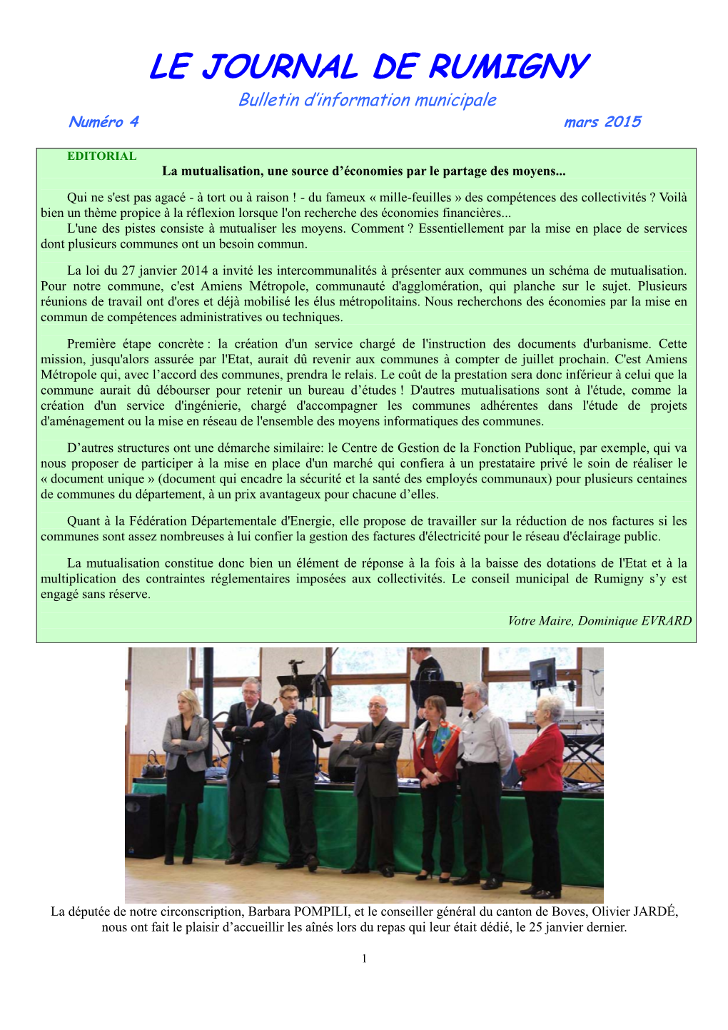 LE JOURNAL DE RUMIGNY Bulletin D’Information Municipale Numéro 4 Mars 2015