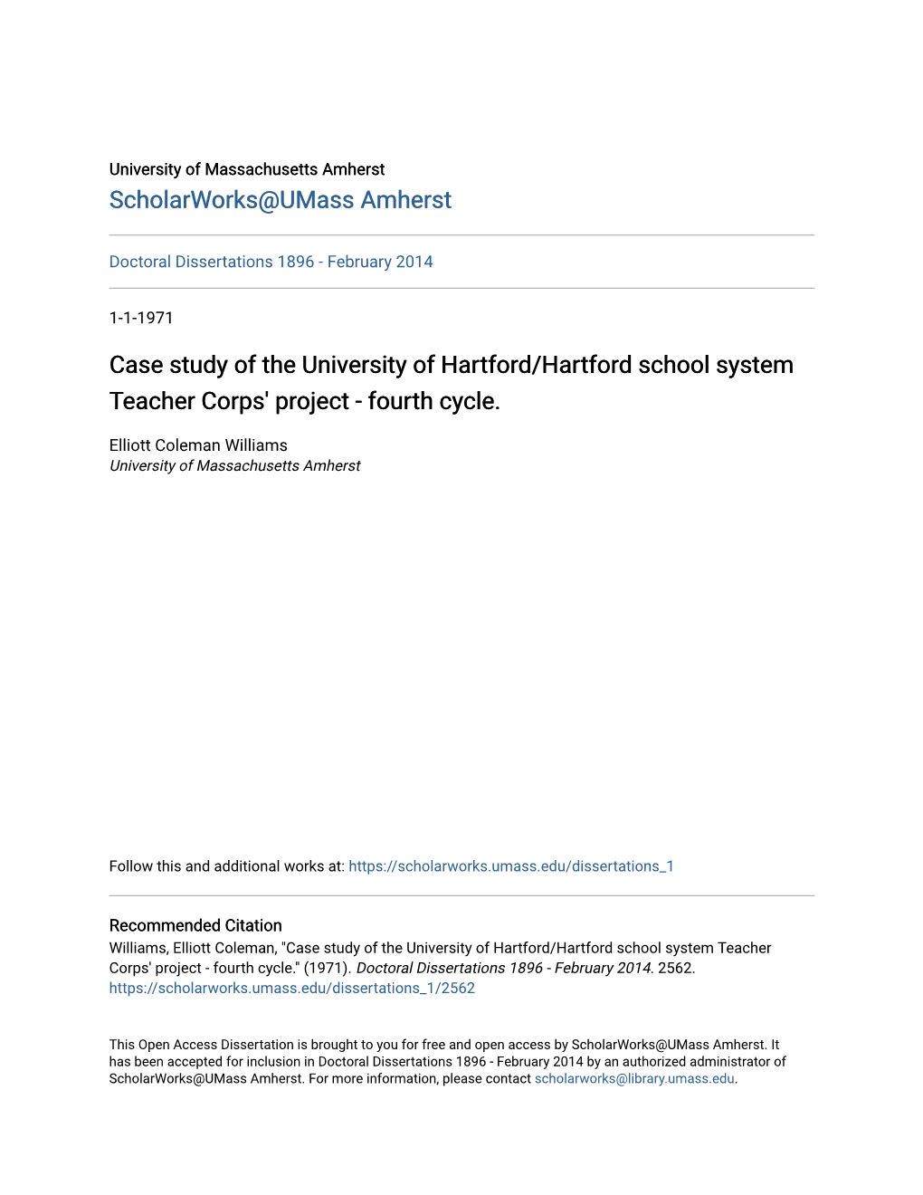 Case Study of the University of Hartford/Hartford School System Teacher Corps' Project - Fourth Cycle