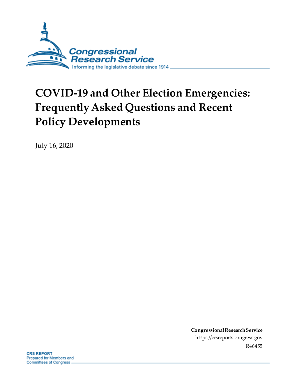 COVID-19 and Other Election Emergencies: Frequently Asked Questions and Recent Policy Developments