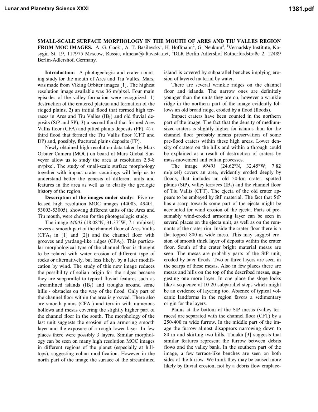 Small-Scale Surface Morphology in the Mouth of Ares and Tiu Valles Region from Moc Images