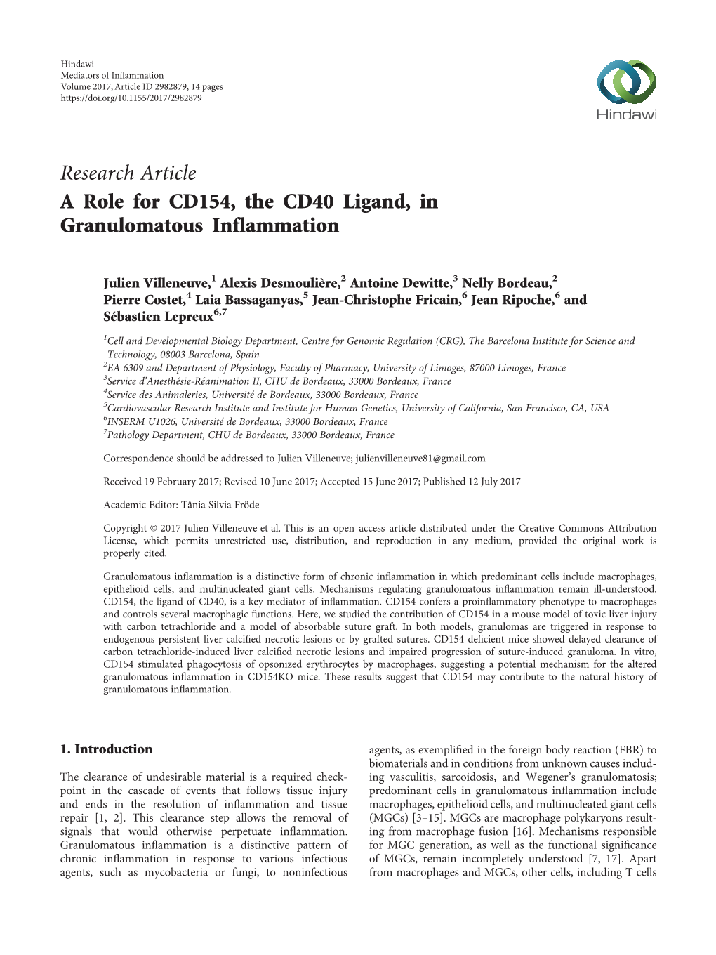 A Role for CD154, the CD40 Ligand, in Granulomatous Inflammation