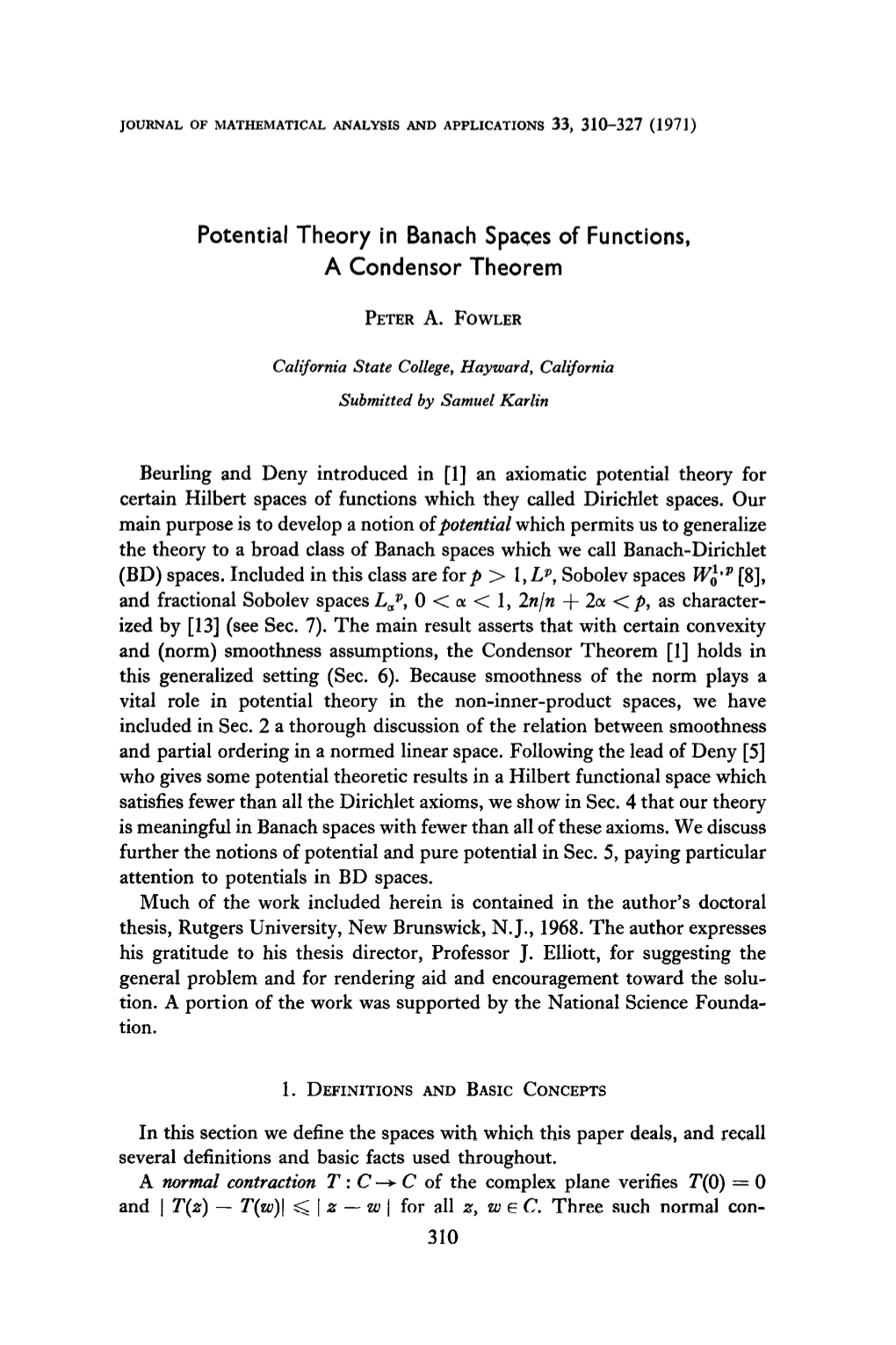 Potential Theory in Banach Spaces of Functions, a Condensor Theorem