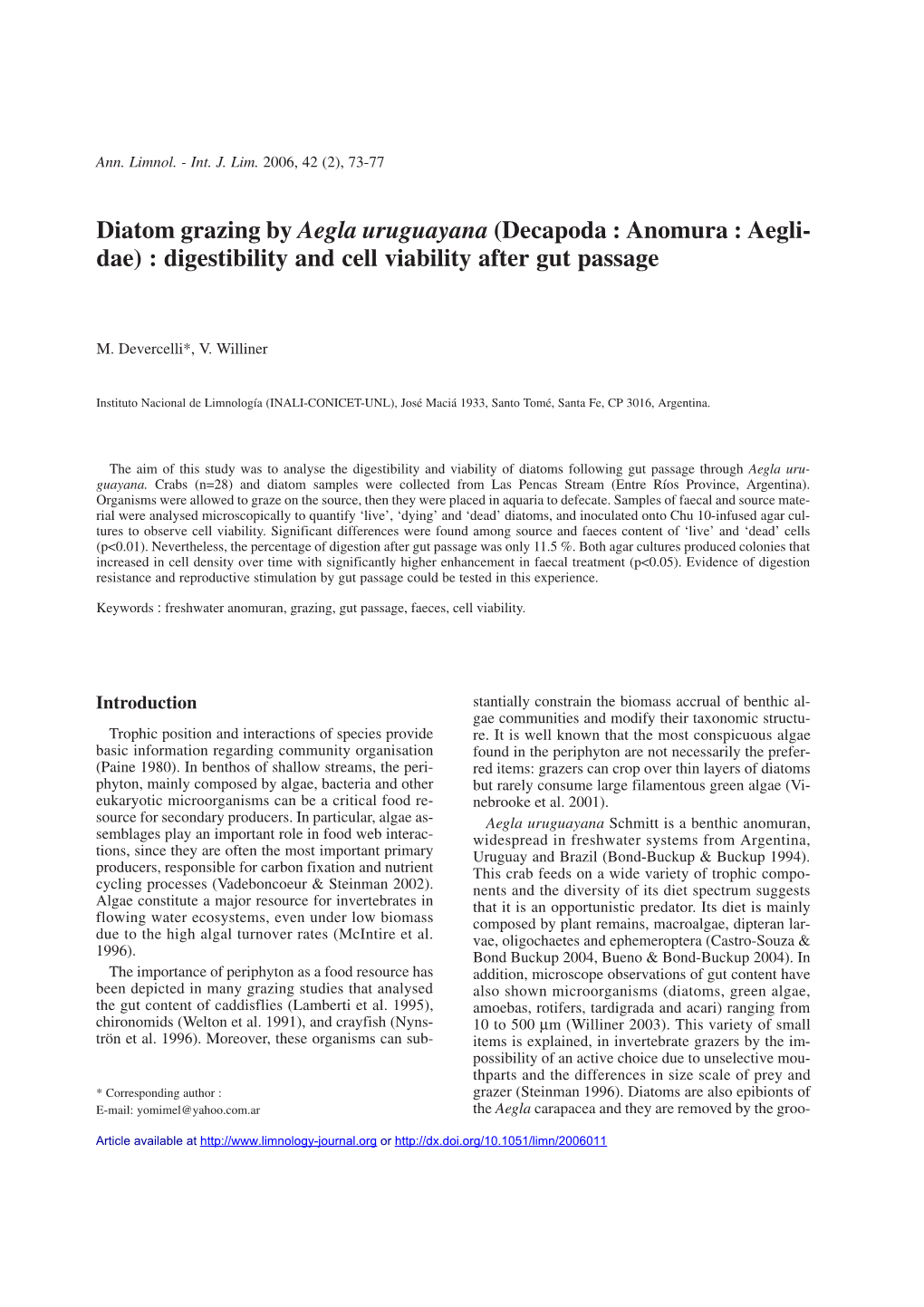 Diatom Grazing by Aegla Uruguayana (Decapoda : Anomura : Aeglidae