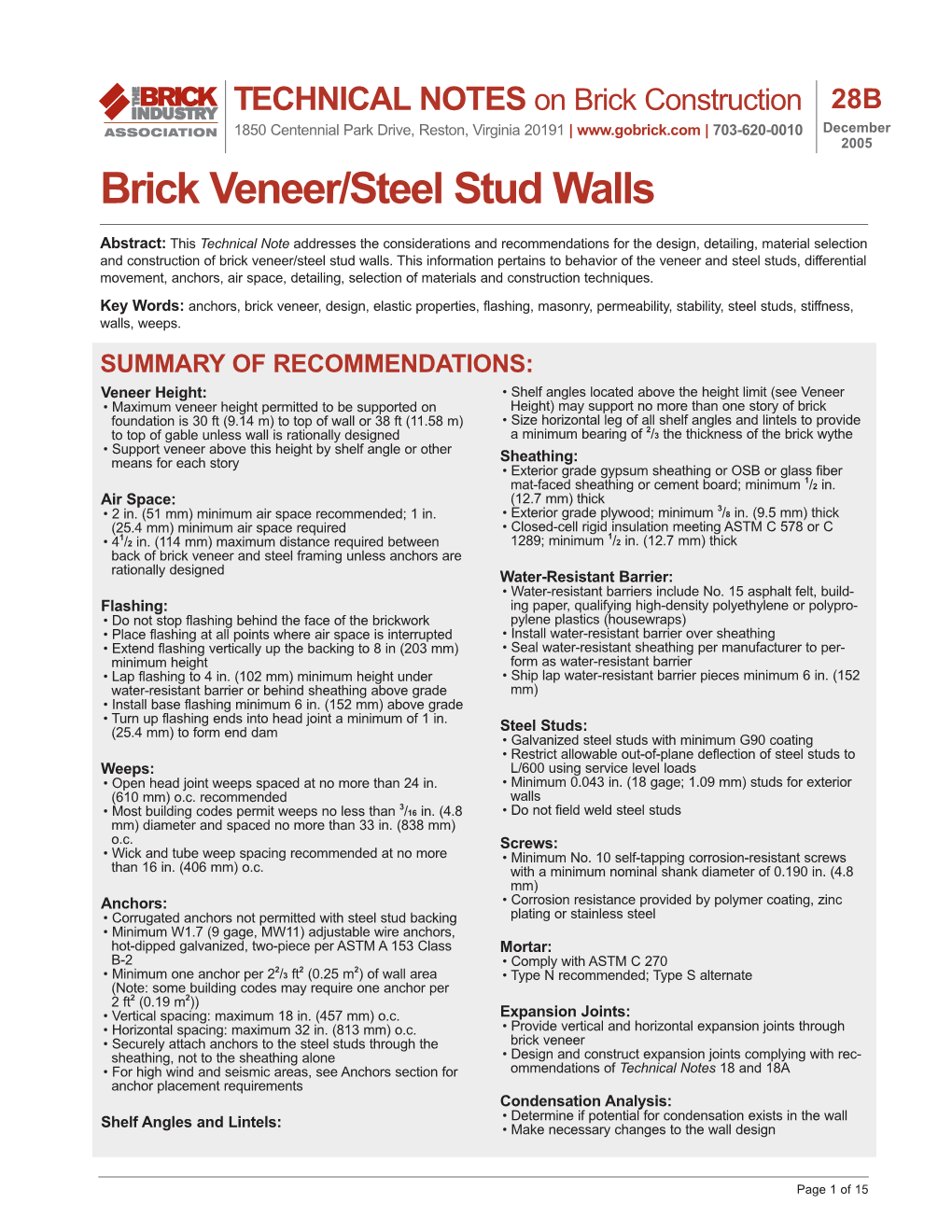 Brick Veneer Steel Stud Walls