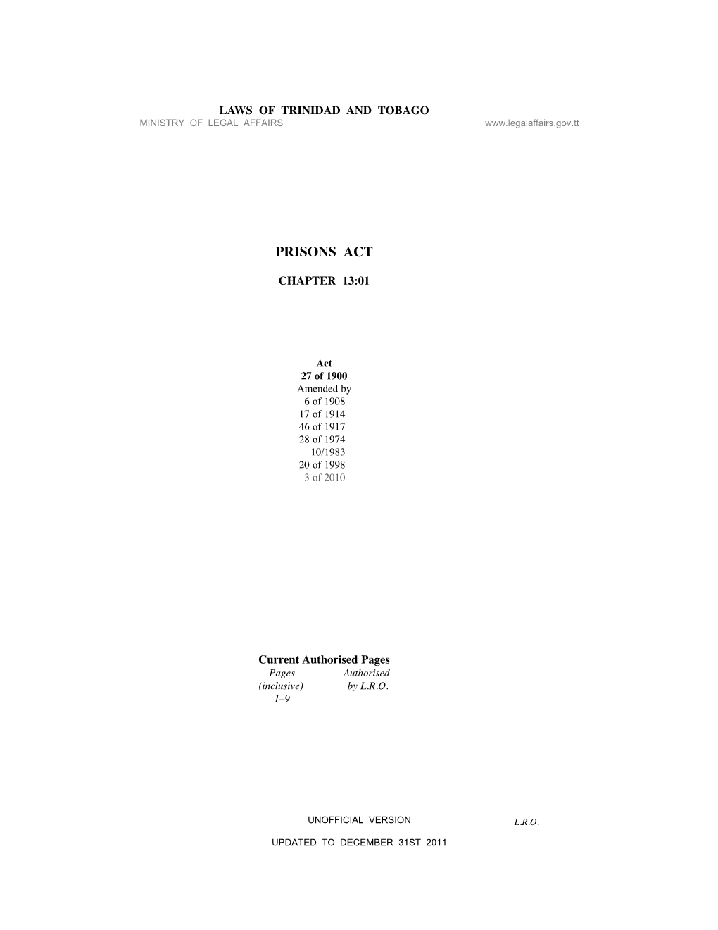 Prisons Act 1900, As Amended in 2010