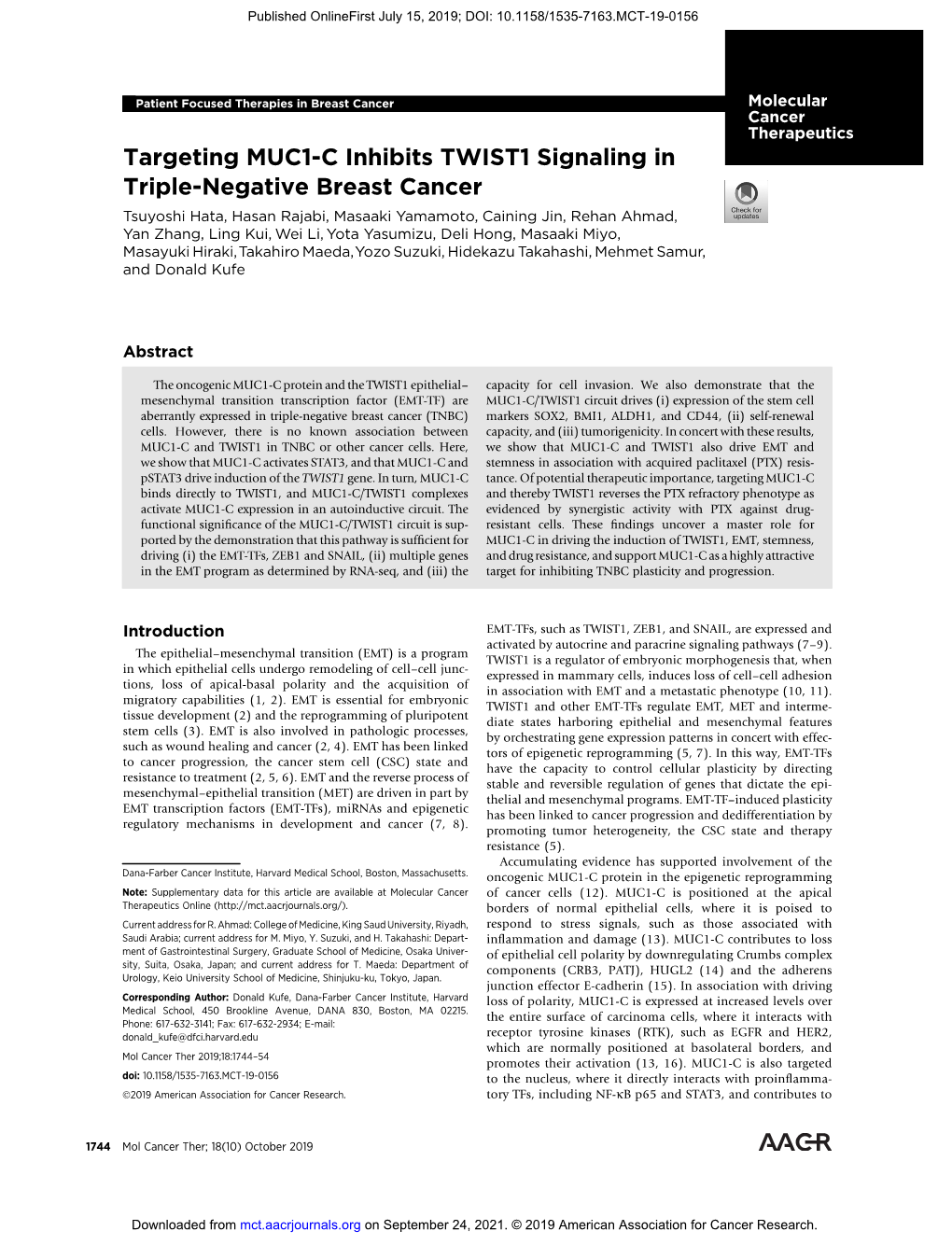Targeting MUC1-C Inhibits TWIST1 Signaling in Triple-Negative Breast