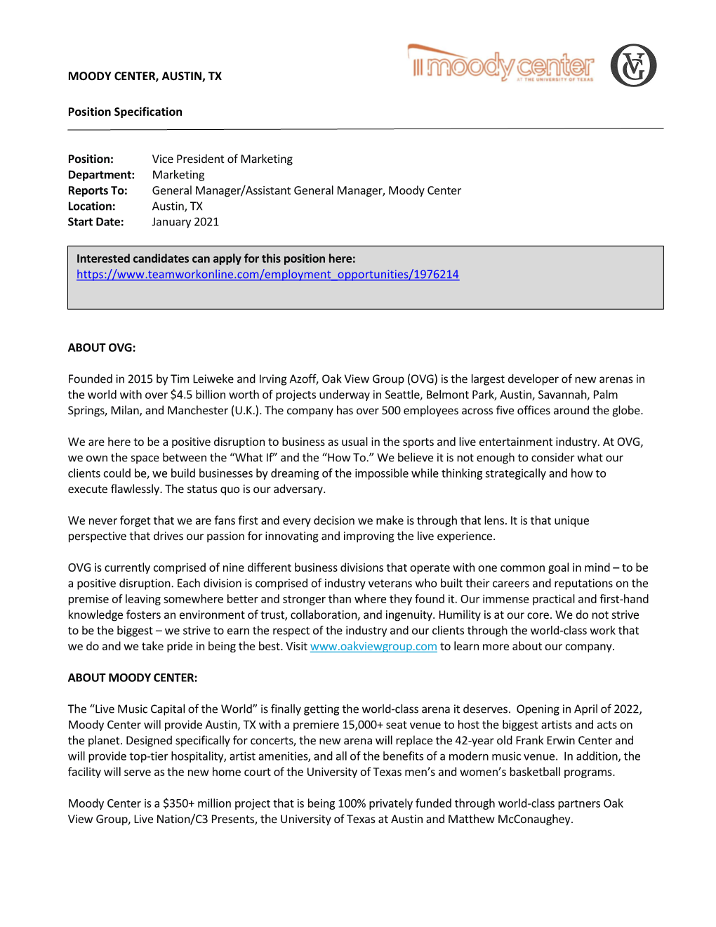 MOODY CENTER, AUSTIN, TX Position Specification