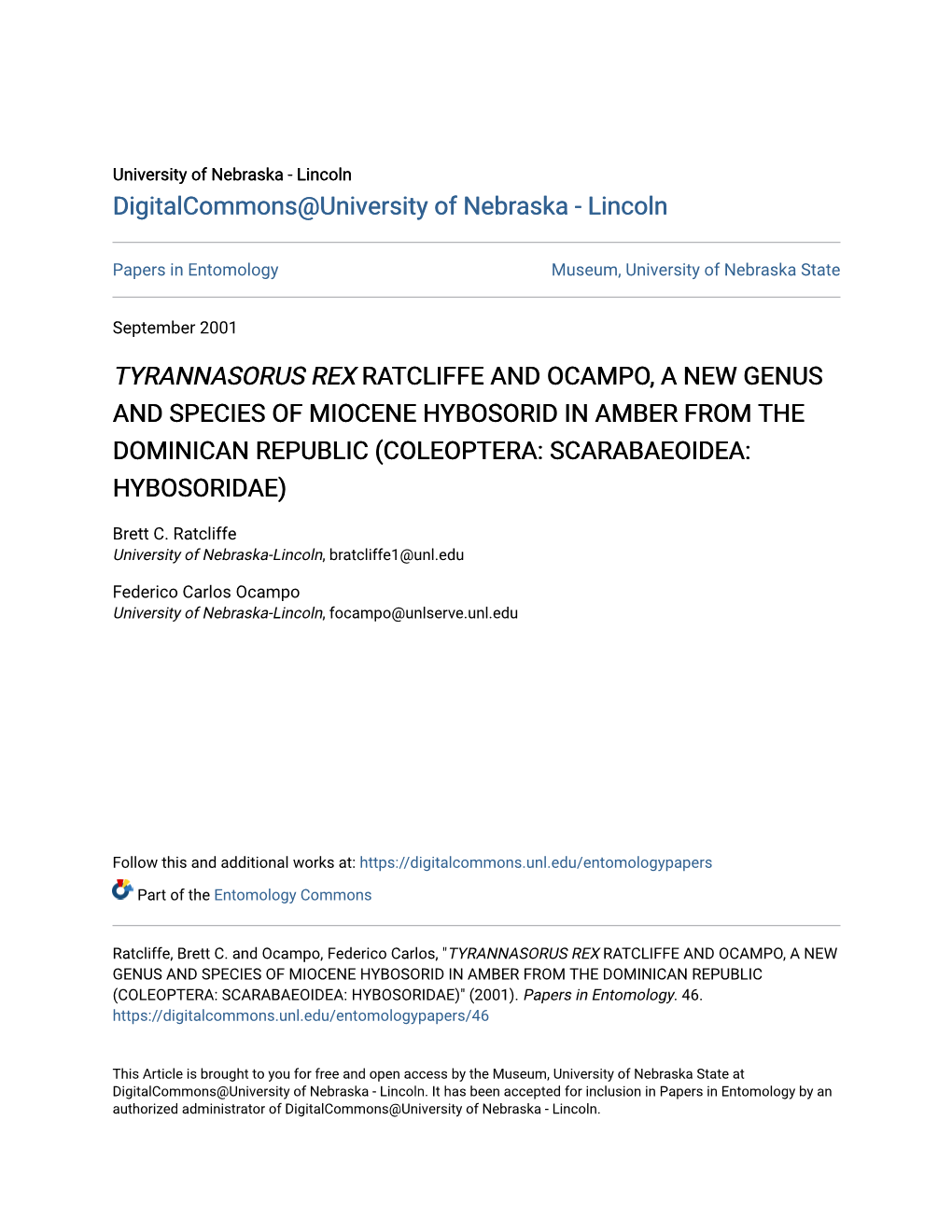 Tyrannasorus Rex Ratcliffe and Ocampo, a New Genus and Species of Miocene Hybosorid in Amber from the Dominican Republic (Coleoptera: Scarabaeoidea: Hybosoridae)