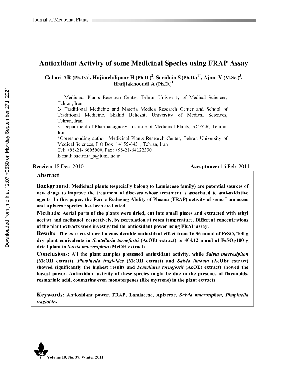 Antioxidant Activity of Some Medicinal Species Using FRAP Assay