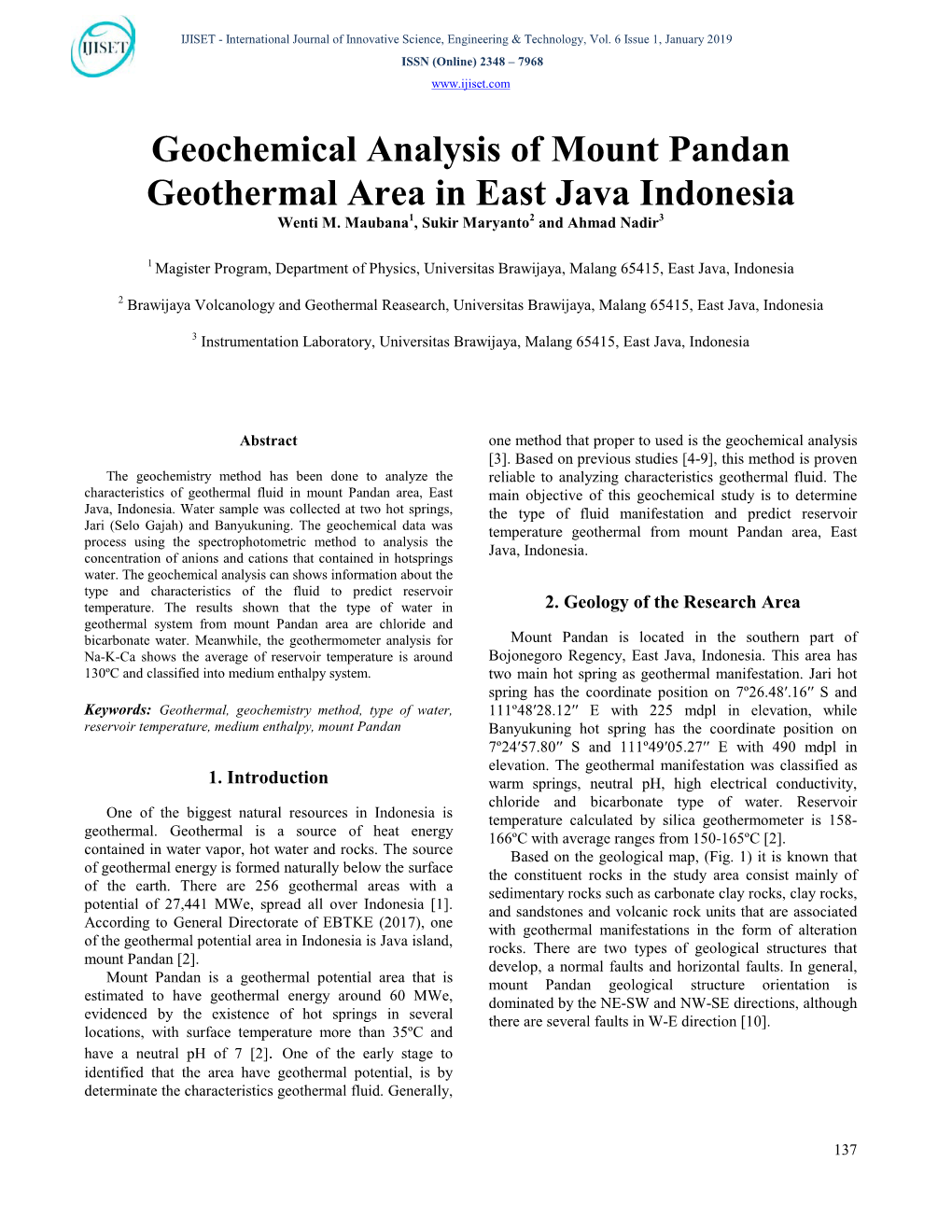 Geochemical Analysis of Mount Pandan Geothermal Area in East Java Indonesia Wenti M