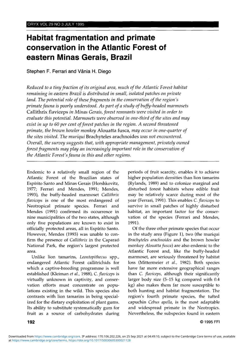 Habitat Fragmentation and Primate Conservation in the Atlantic Forest of Eastern Minas Gerais, Brazil