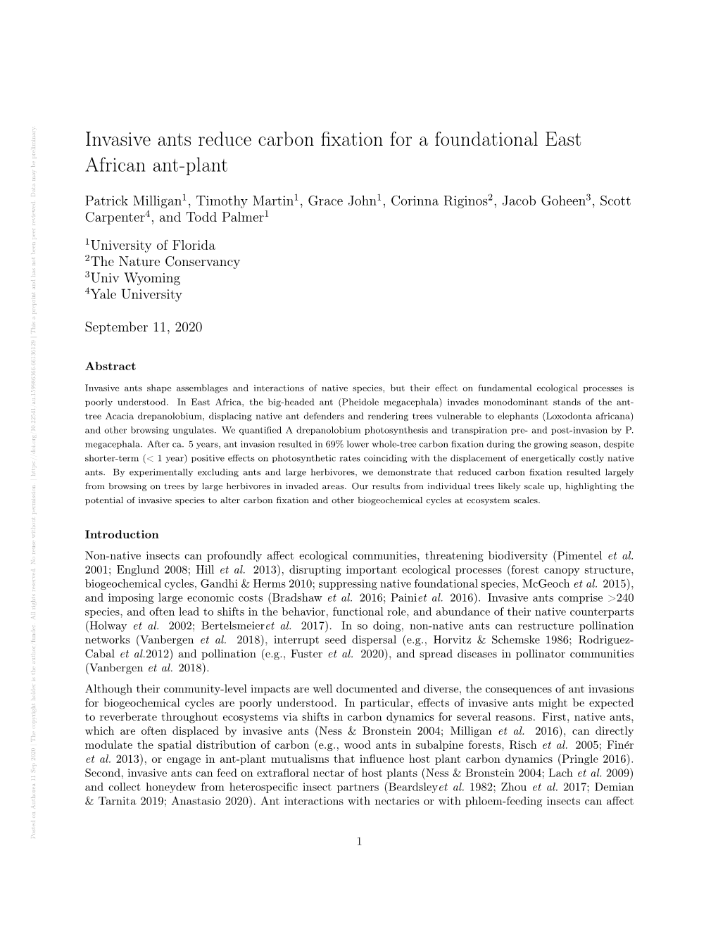 Invasive Ants Reduce Carbon Fixation for a Foundational East African Ant