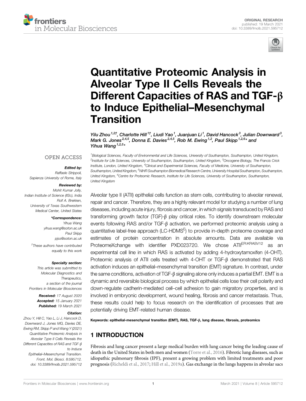 Quantitative Proteomic Analysis in Alveolar Type II Cells Reveals the Different Capacities of RAS and TGF-Β to Induce Epithelial–Mesenchymal Transition