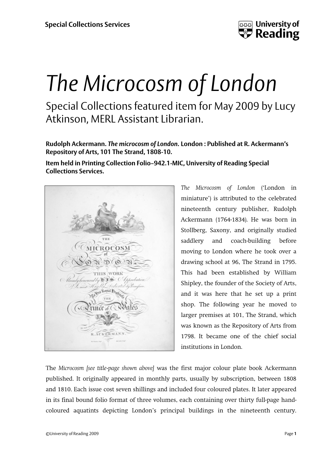 Microcosm of London Special Collections Featured Item for May 2009 by Lucy Atkinson, MERL Assistant Librarian