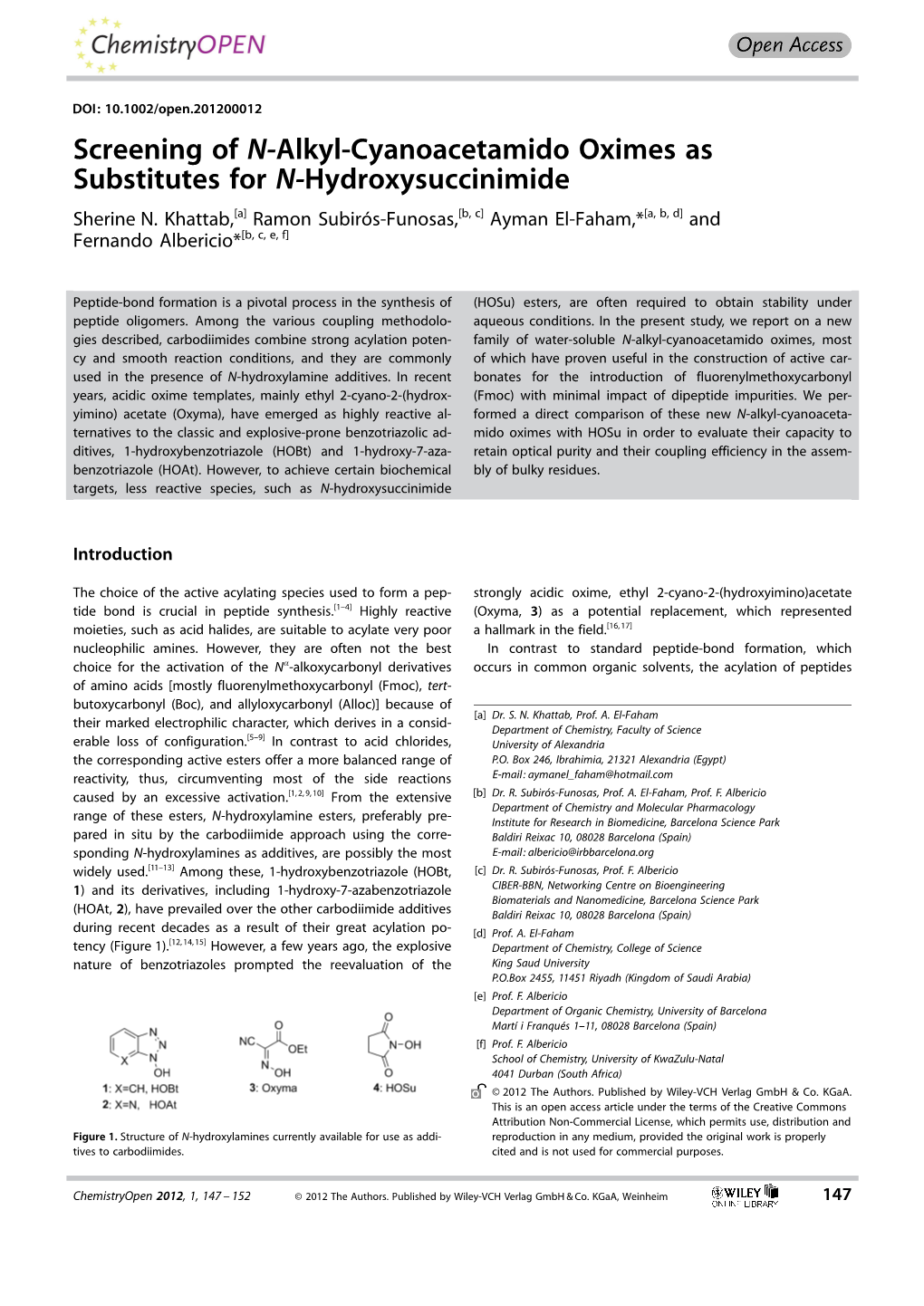 Screening of N-Alkyl-Cyanoacetamido Oximes As Substitutes for N-Hydroxysuccinimide Sherine N