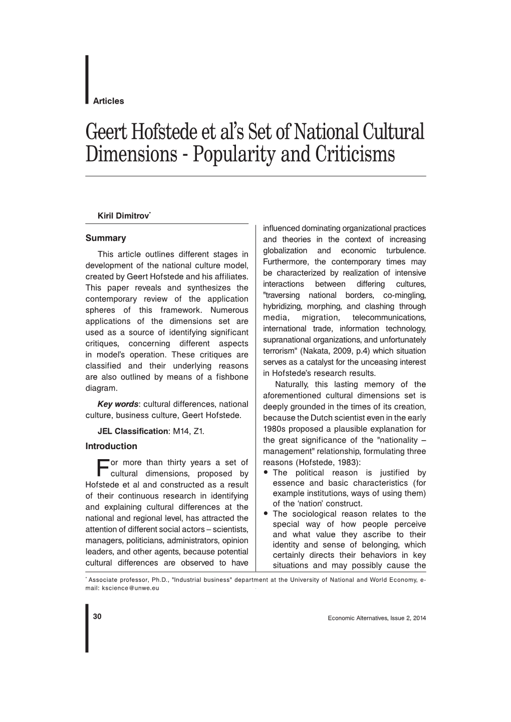 Geert Hofstede Et Al's Set of National Cultural Dimensions