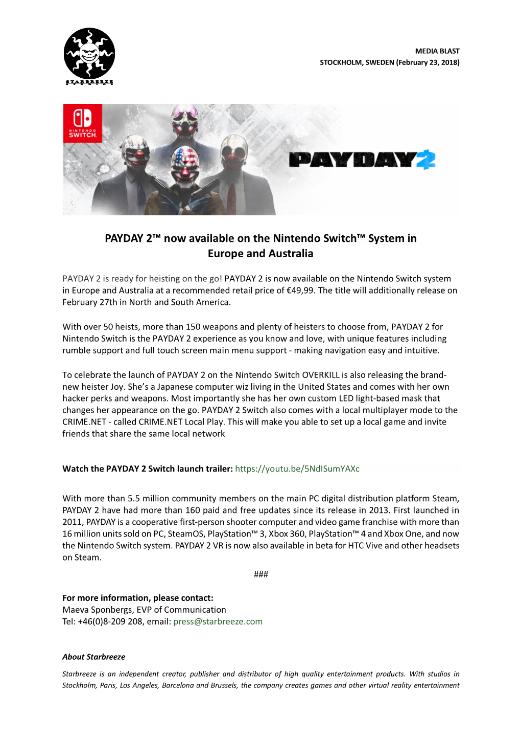 2018-02-23 PAYDAY 2 out NOW on the Nintendo Switch System EU