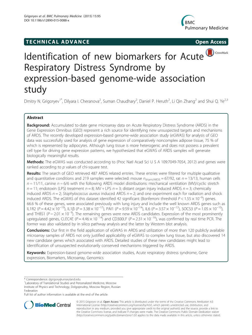 Identification of New Biomarkers for Acute Respiratory Distress Syndrome by Expression-Based Genome-Wide Association Study Dmitry N