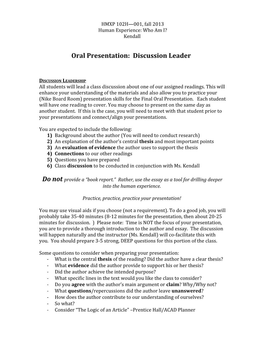 Oral Presentation: Discussion Leader