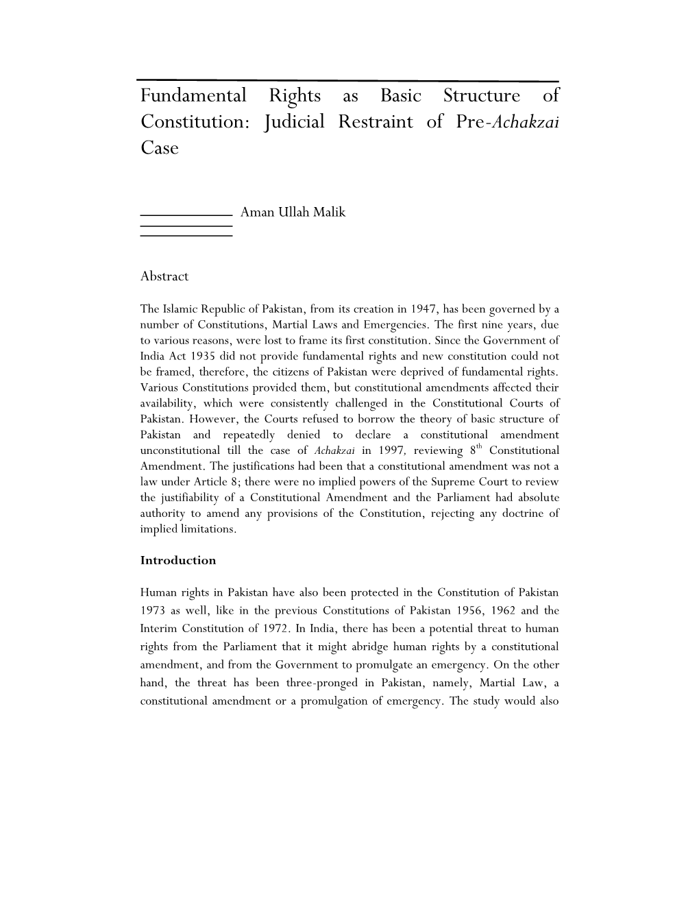 Fundamental Rights As Basic Structure of Constitution: Judicial Restraint of Pre-Achakzai Case