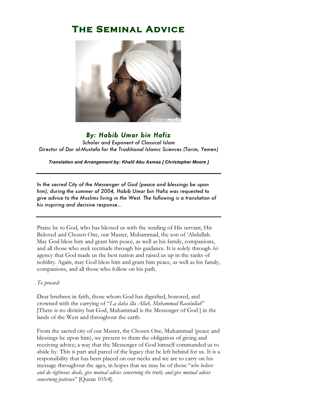 The Seminal Advice, by Habib Umar Bin Hafiz