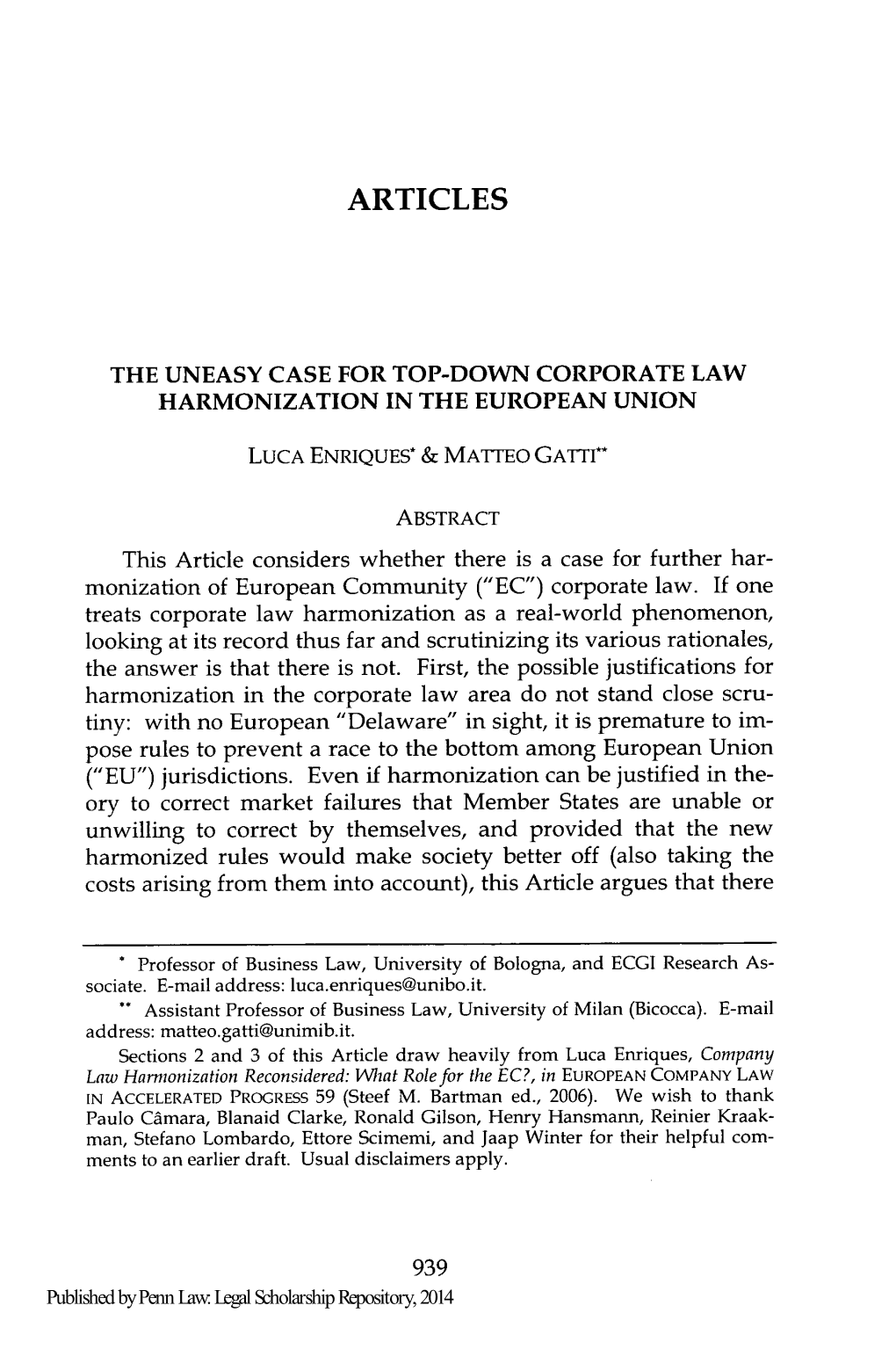 The Uneasy Case for Top-Down Corporate Law Harmonization in the European Union