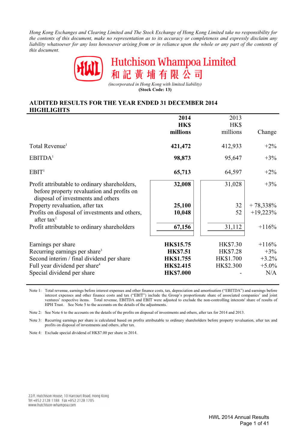 HWL Audited Results for the Year Ended 31 December 2014