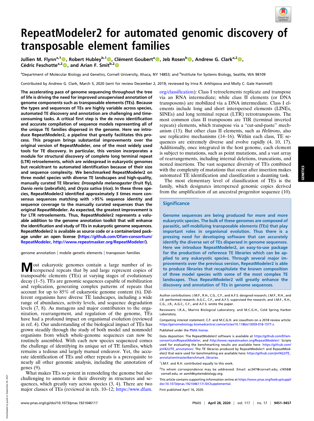 Repeatmodeler2 for Automated Genomic Discovery of Transposable Element Families