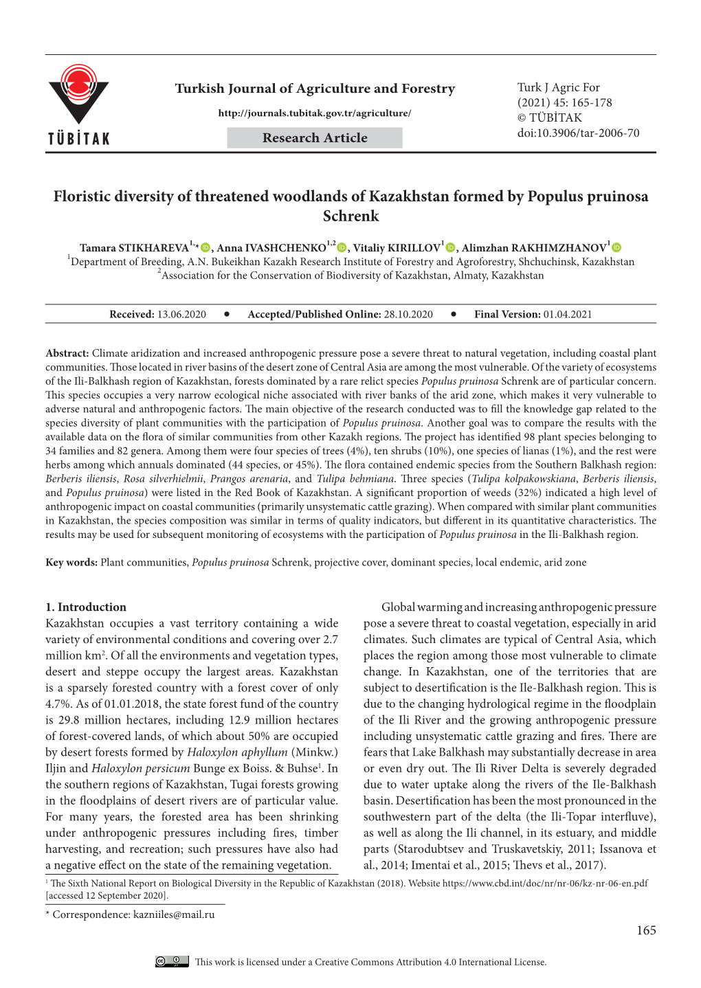 Floristic Diversity of Threatened Woodlands of Kazakhstan Formed by Populus Pruinosa Schrenk