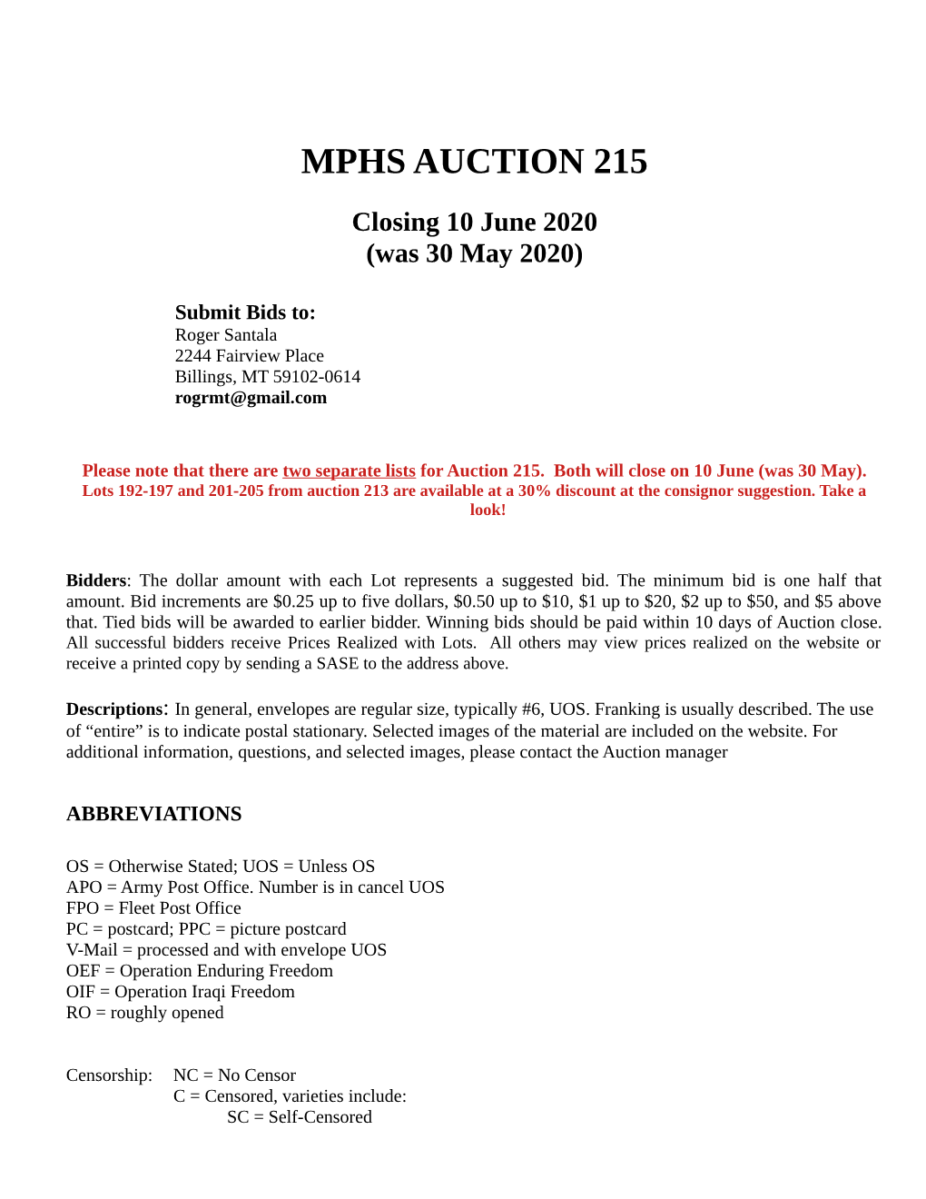 Military Postal History Society Auction Listing, Auction 215, Closing June