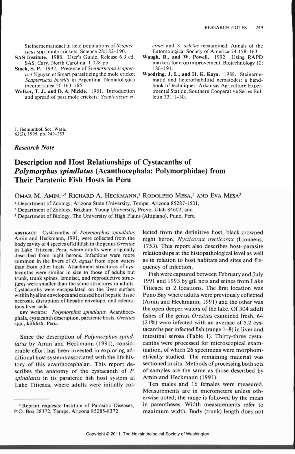 Acanthocephala: Polymorphidae) from Their Paratenic Fish Hosts in Peru