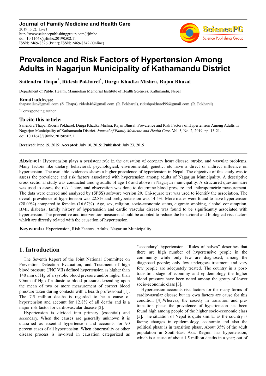 Prevalence and Risk Factors of Hypertension Among Adults in Nagarjun Municipality of Kathamandu District