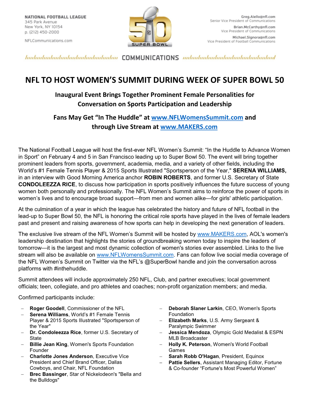 Nfl to Host Women's Summit During Week of Super Bowl 50