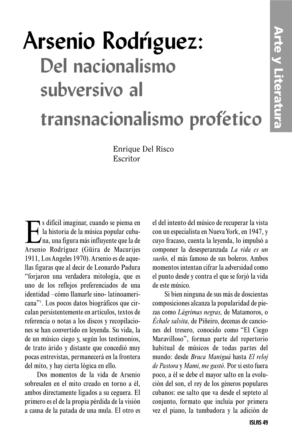 Arsenio Rodríguez: Te Y Literatura Del Nacionalismo Subversivo Al Transnacionalismo Profético