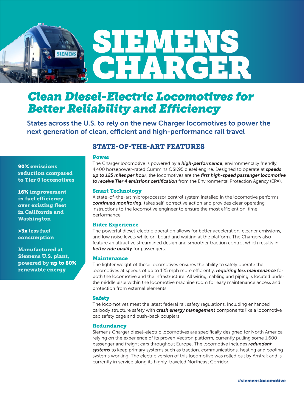 SIEMENS CHARGER Clean Diesel-Electric Locomotives for Better Reliability and Efficiency States Across the U.S
