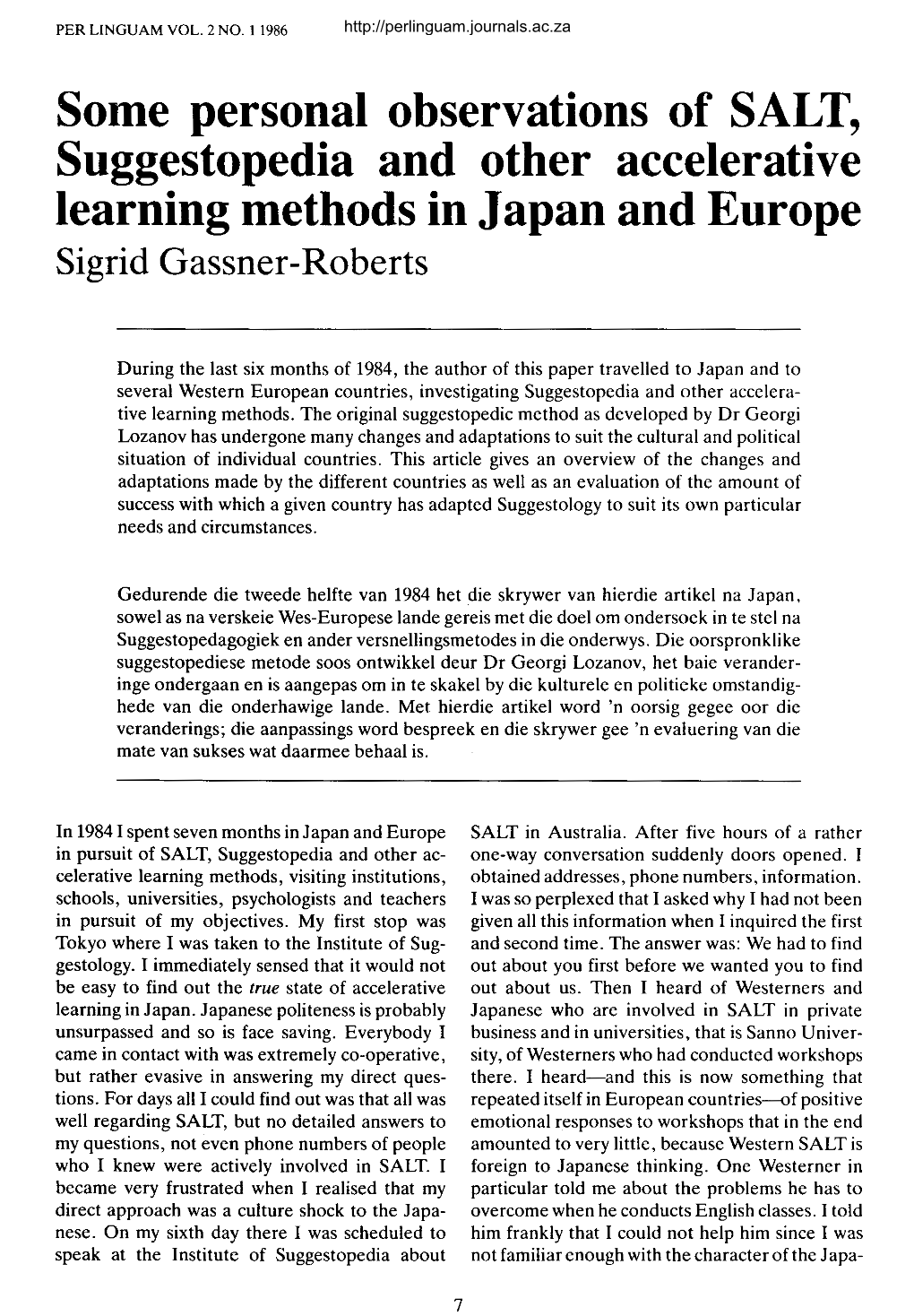 Some Personal Observations of SALT, Suggestopedia and Other Accelerative Learning Methods in Japan and Europe Si Grid Gassner-Roberts