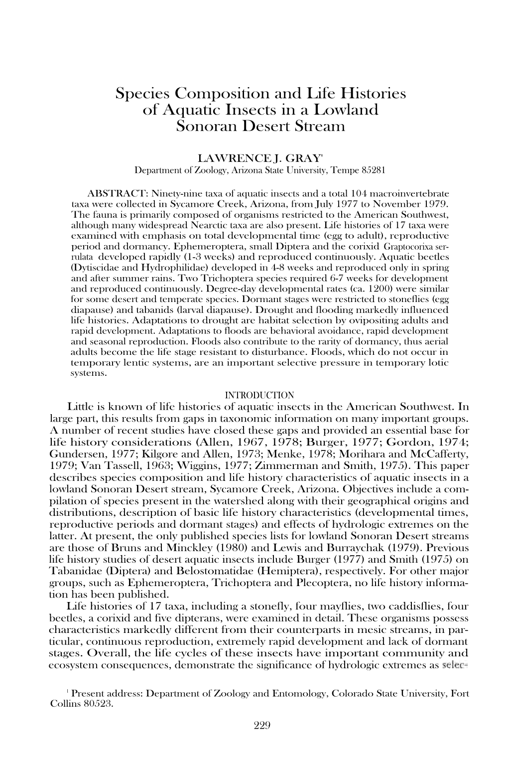 Species Composition and Life Histories of Aquatic Insects in a Lowland Sonoran Desert Stream