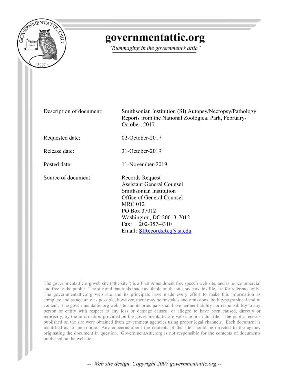 Smithsonian Institution (SI) Autopsy/Necropsy/Pathology Reports from the National Zoological Park, February- October, 2017