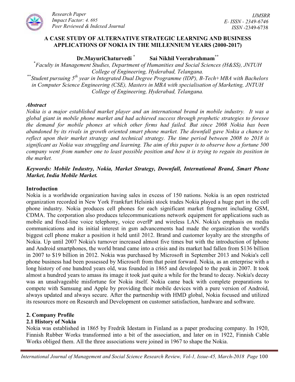 A CASE STUDY of ALTERNATIVE STRATEGIC LEARNING and BUSINESS APPLICATIONS of NOKIA in the MILLENNIUM YEARS (2000-2017) Dr.Mayuric